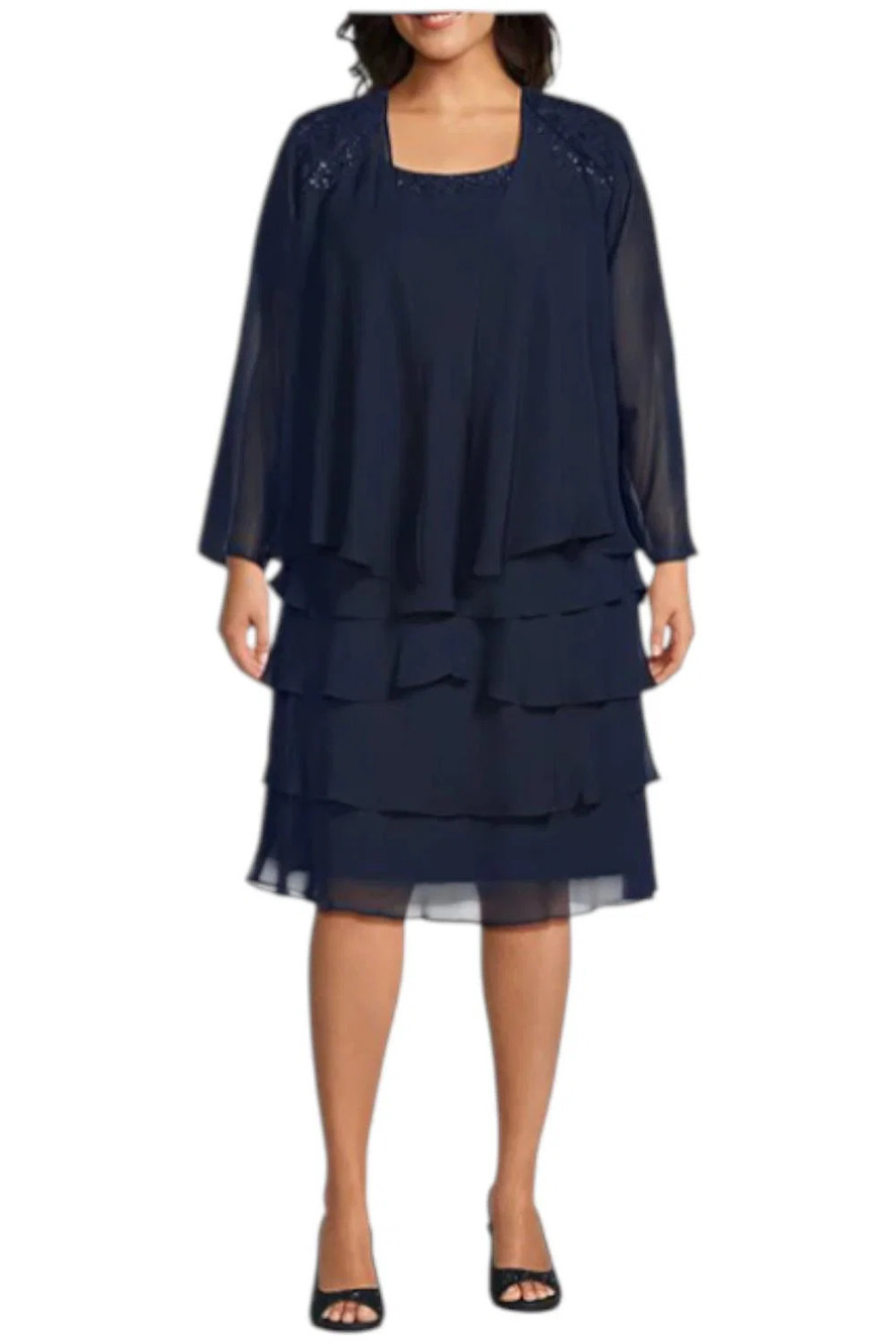 SL Fashions New York Women's Beaded Lace Chiffon 2-Piece Dress Navy - Regular